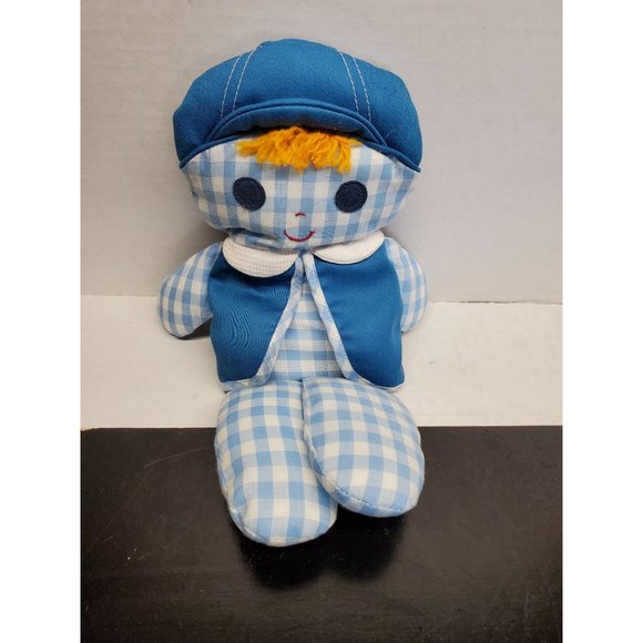 Vintage Fisher Price Toys Blue check Boy Rattle Plush - 11 Inch - Picture 1 of 7